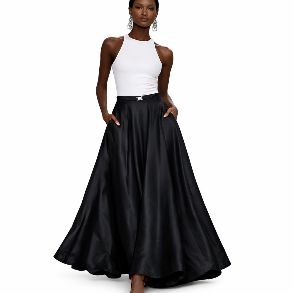 Vintage Ralph Lauren Black Maxi Skirt Formal Evening Dress Long A Line Satin S 4
